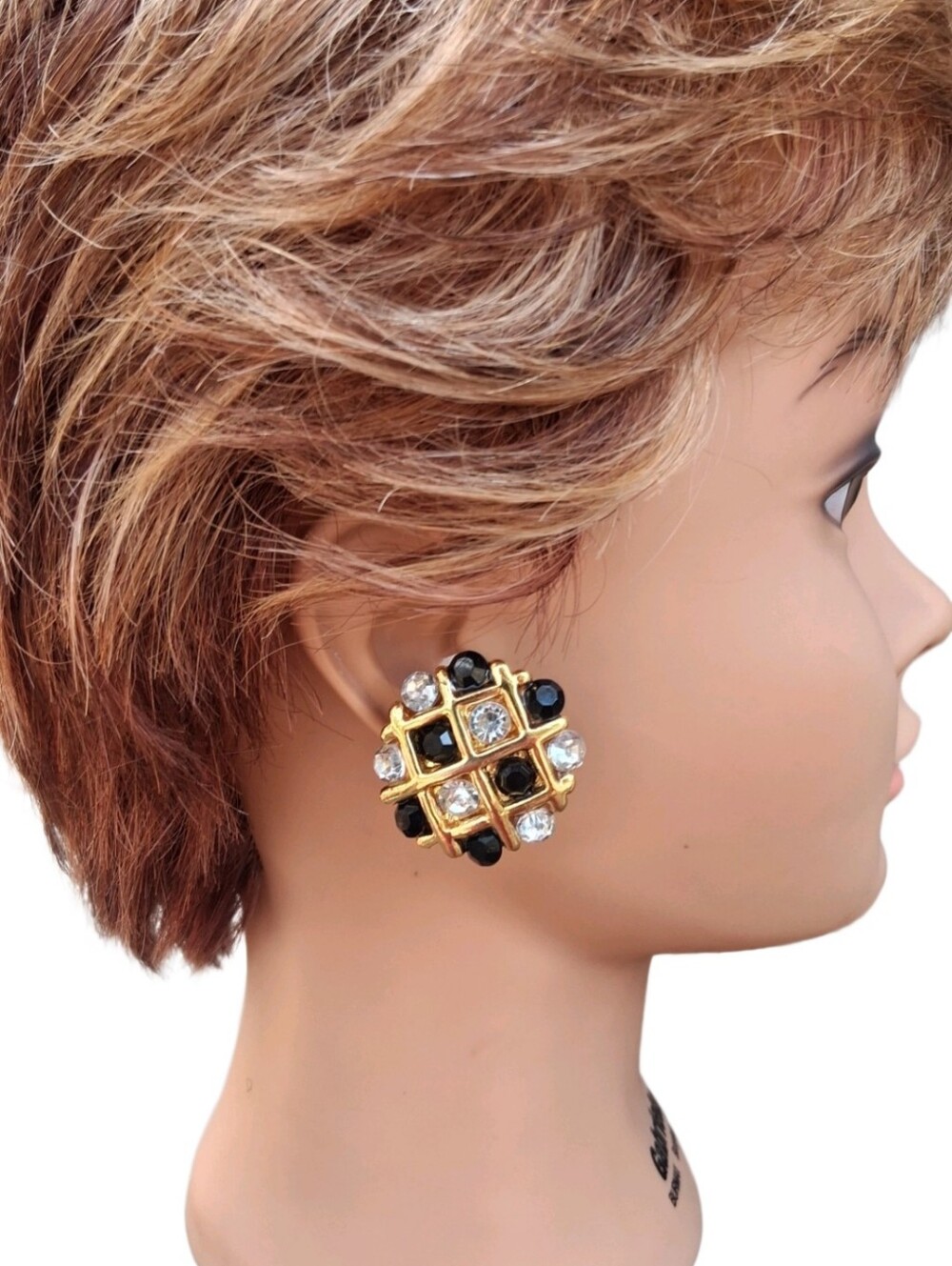 Vintage Gold Tone Lattice Rhinestone Clip On Earrings Black Clear Crystal